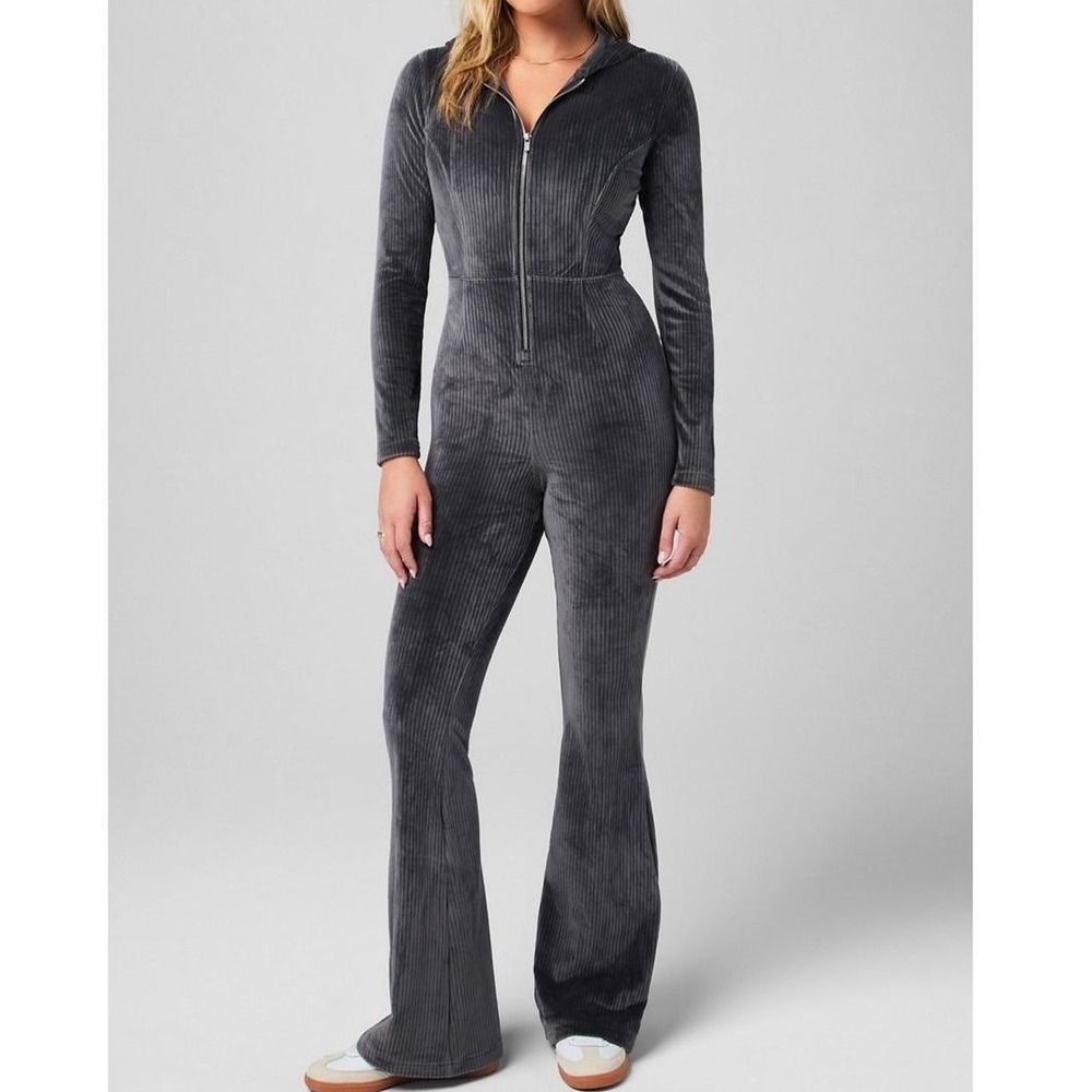 Fabletics Plush Ribbed Velour Grey Flare Leg Hooded Jumpsuit Women's Size Medium
